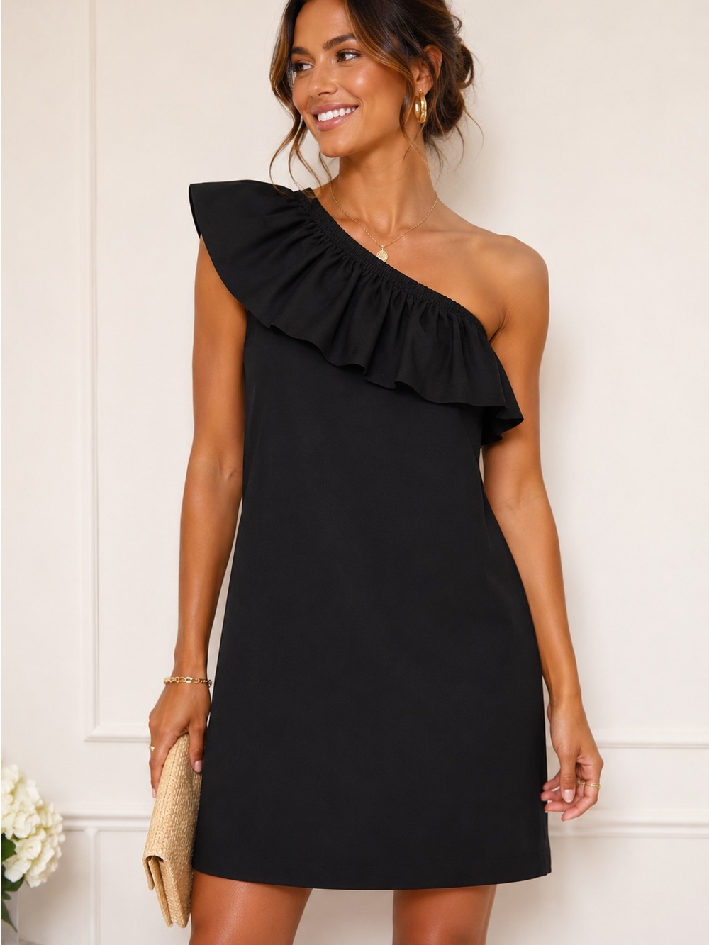 J. Crew Black One-Shoulder Ruffle Shift Dress